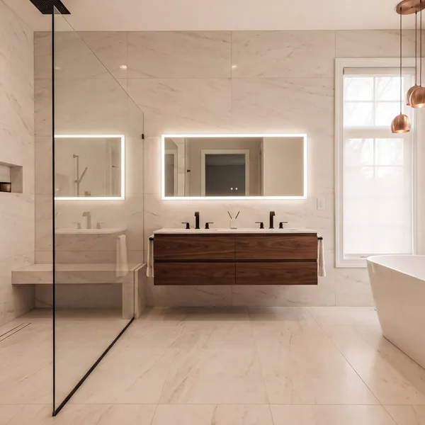A primary bathroom with large-format marble, a curbless glass shower and a floating walnut vanity