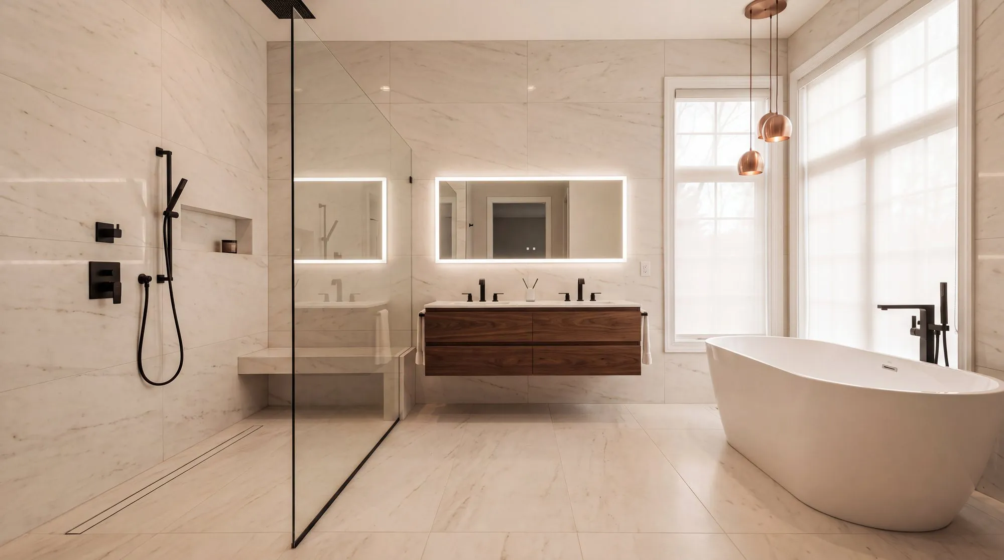 A primary bathroom with large-format marble, a curbless glass shower and a floating walnut vanity