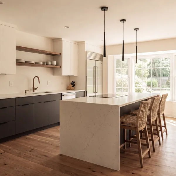 A modern kitchen with matte charcoal base cabinets, warm white uppers, a quartz waterfall island and walnut open shelving