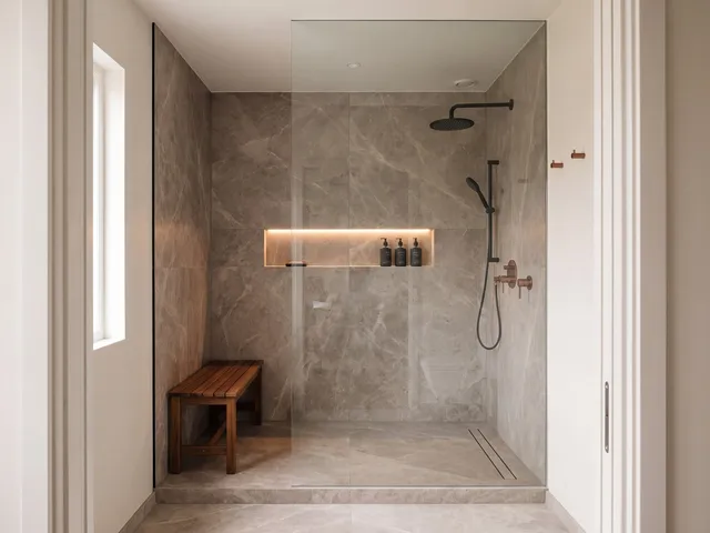 A curbless walk-in shower in warm grey stone with a lit niche, linear drain and teak bench
