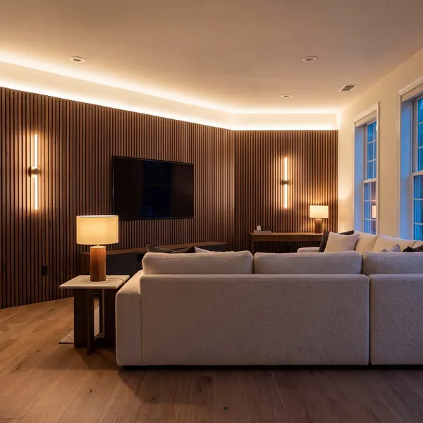 A living room at dusk with layered lighting scenes, a walnut media wall and a flush wall keypad