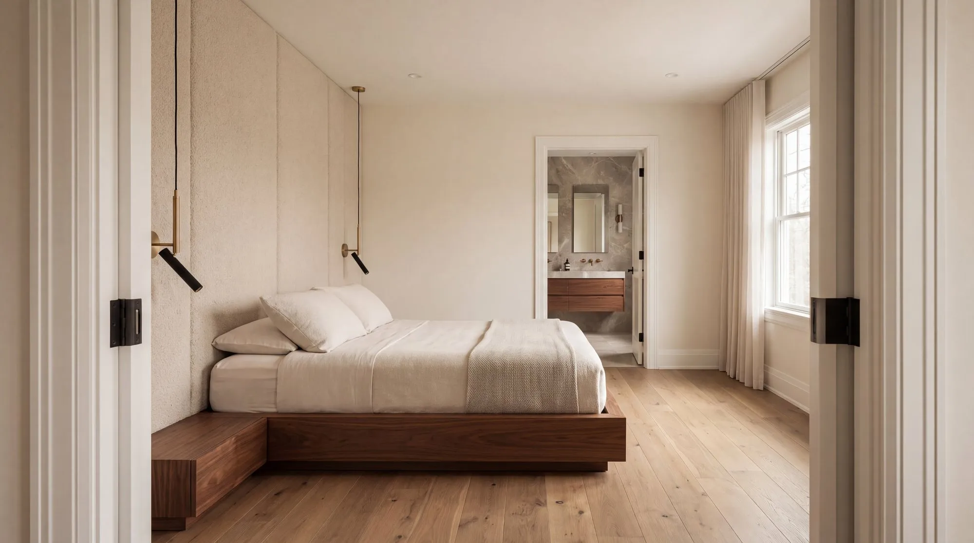 A primary bedroom suite with a walnut platform bed, an upholstered headboard wall and a view into the ensuite