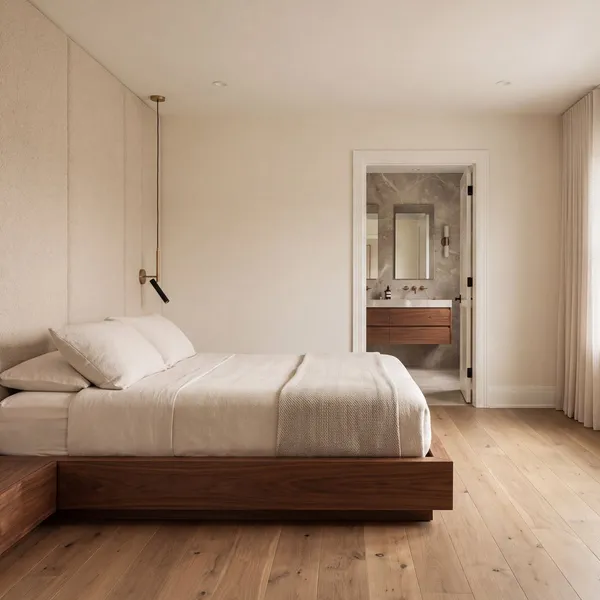 A primary bedroom suite with a walnut platform bed, an upholstered headboard wall and a view through to the ensuite
