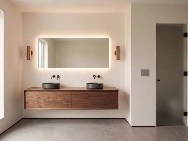 A floating walnut vanity with a backlit mirror and a flush wall keypad beside the door