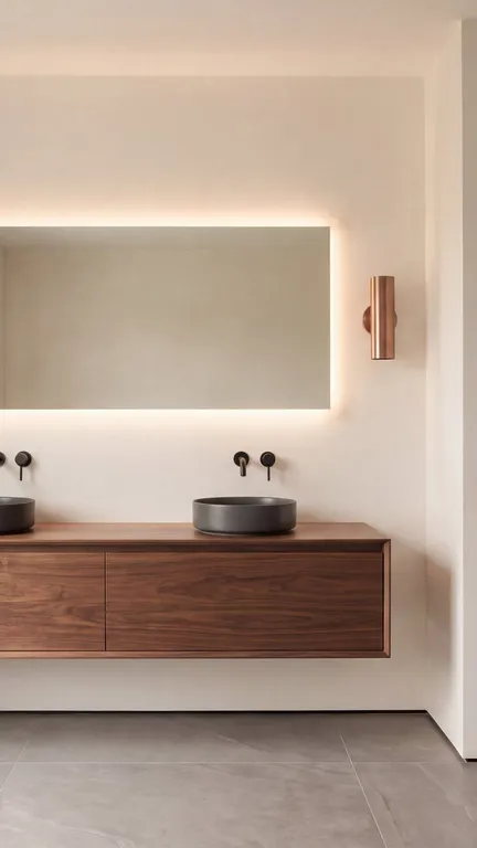 A floating walnut double vanity with a backlit mirror and a flush wall keypad beside the door