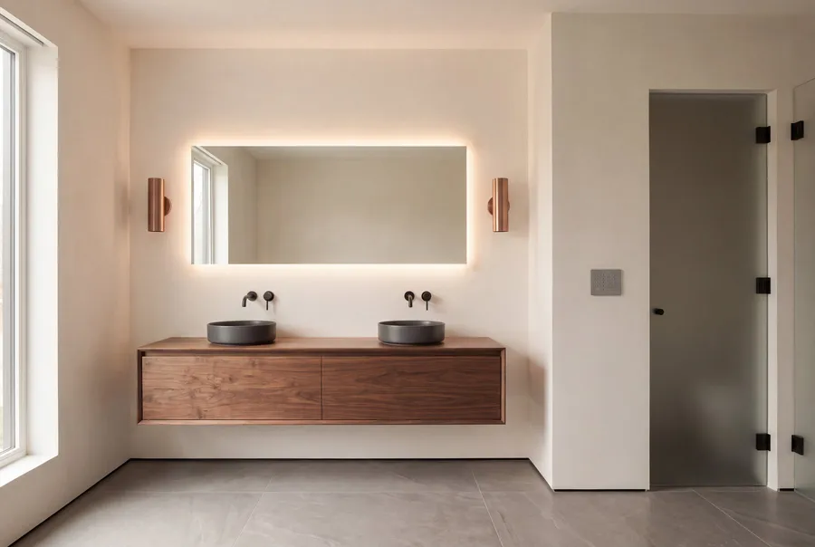 A floating walnut vanity with a backlit mirror and a flush wall keypad beside the door