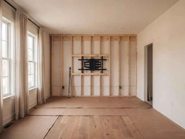 The opened wall showing timber framing, blocking and a television mount fixed across the studs