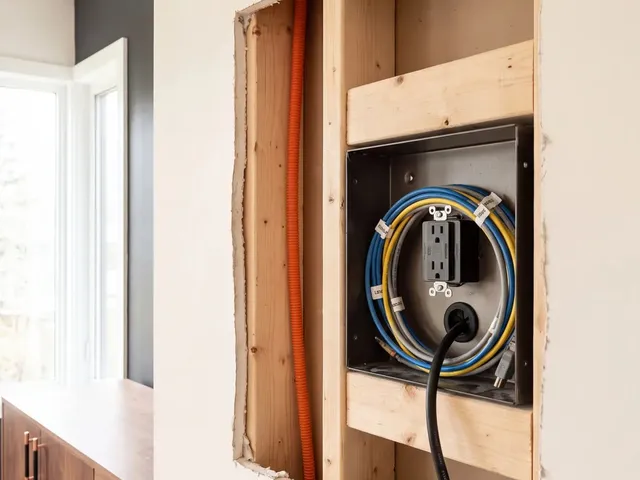 An in-wall box inside the wall cavity with power and low-voltage cabling terminated and labelled
