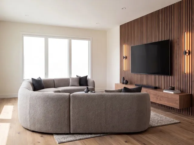 The finished wall: walnut slats, a flush television, linear sconces and a floating console